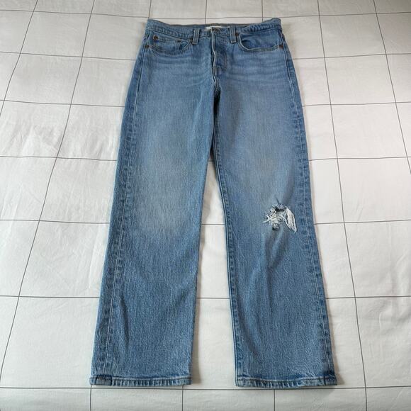Levi's Premium Jeans Womens 27 Blue Wedgie Straight Leg Denim Ripped Knee Button - Picture 1 of 14